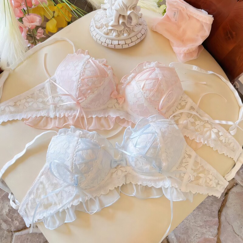Japanese-style lace-up lace bra for women, thin, no underwire, small bust lift, anti-sagging, sweet Lolita bra set Japanese-style lace-up lace bra for women, thin, no underwire, small bust lift, anti-sagging, sweet Lolita bra set