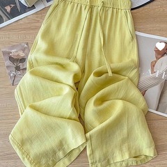 黄色棉麻阔腿裤女夏季薄款2025新款高腰垂坠感亚麻九分直筒裤代发