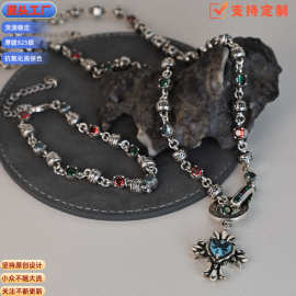 925泰银十字架项链小众设计彩色锆石吊坠毛衣链跨境ins风饰品批发