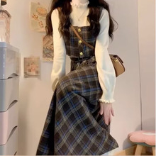 连衣裙子女2025新款小香学院风早秋季三件套韩剧穿搭套装长裙女装