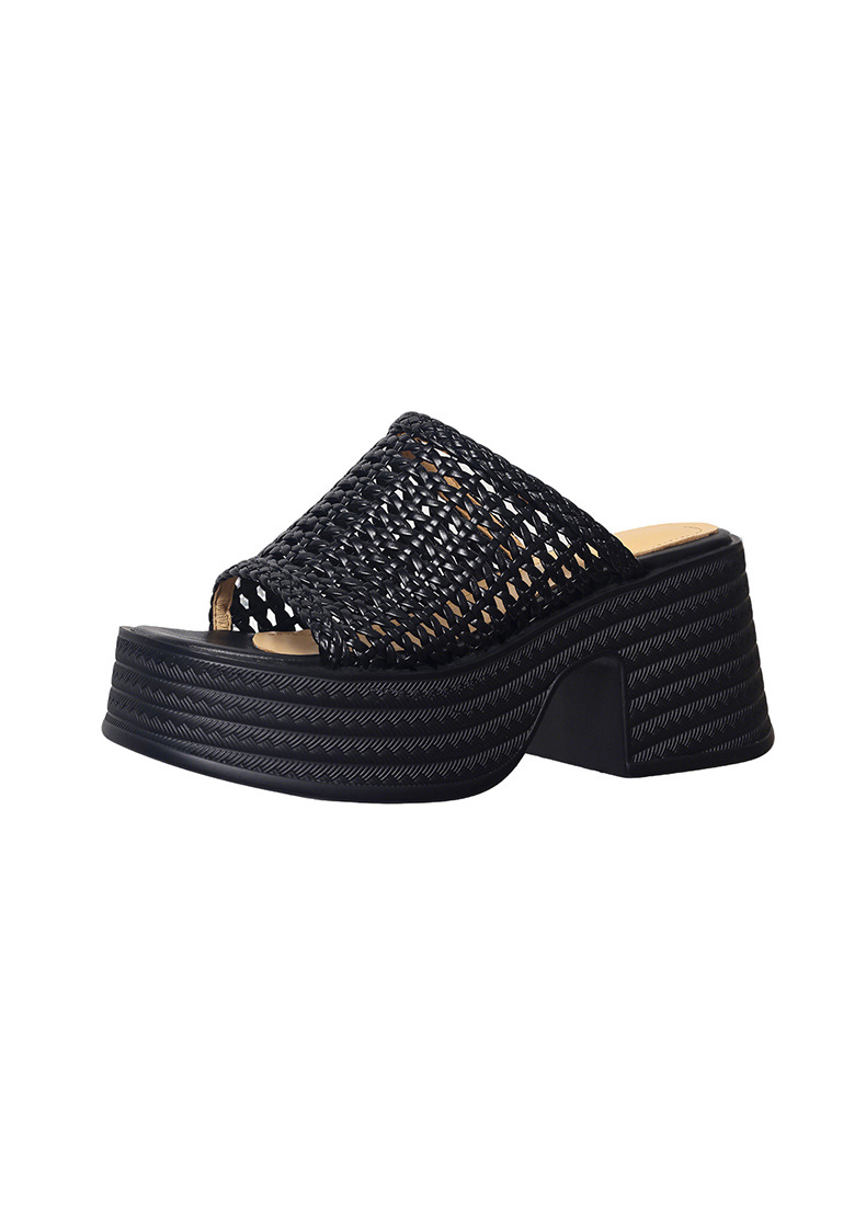 Sandal cao gót nữ đế dày phong cách La Mã, mũi hở, quai đan lộng lẫy — màu đen, màu trắng ngà chi tiết 18