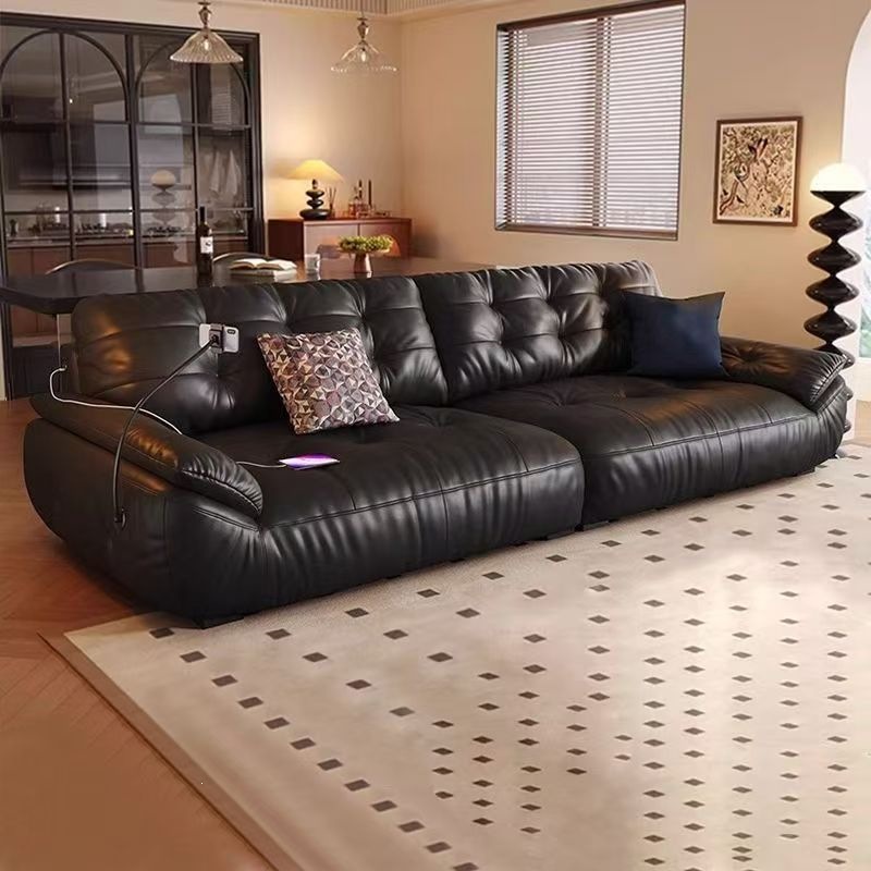American retro-style space cloud sofa, high-end leather craftsmanship, multifunctional, ultra-soft, and luxurious black cloud leather sofa
