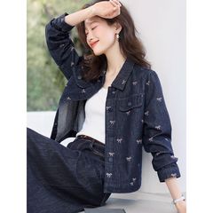 休闲复古蝴蝶结印花翻领夹克牛仔外套2025春秋新款女外套