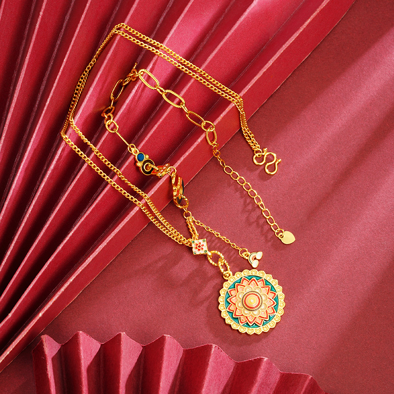 Guochao Guofasha collar de oro esmalte color mandala rueda de tiempo cadena de clavícula de joyas de la nacionalidad femenina no se desvanece