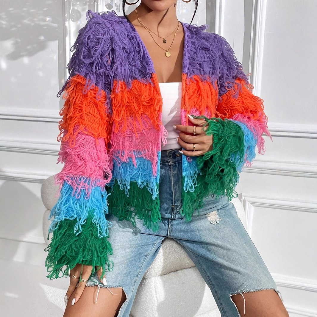 Fringe Gradient Cardigan Women's Fashion Knitwear Loose Fit Casual Long Sleeve V-Neck Boho Chic Sweater_ecoleips.com