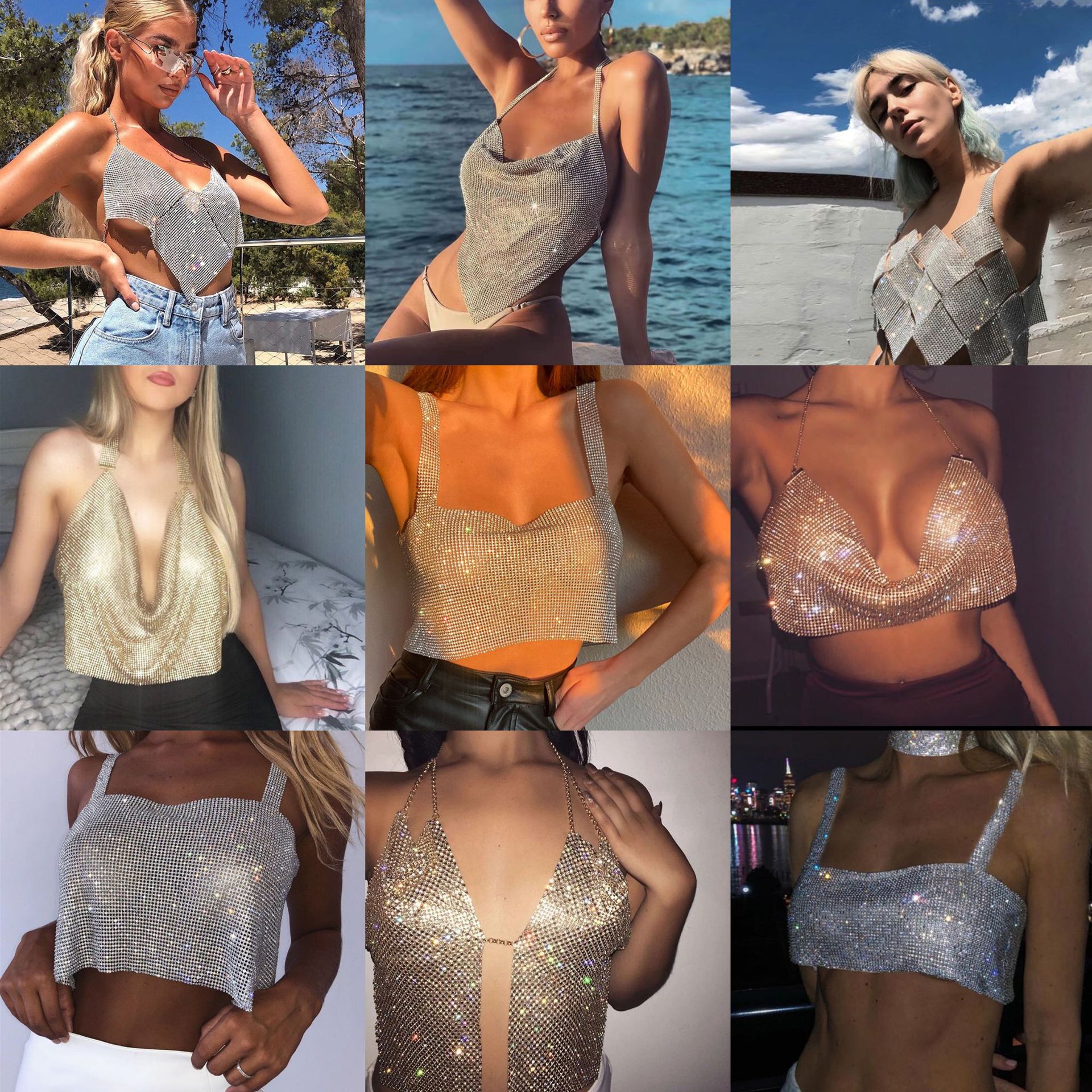 跨境亚马逊爆款欧美金属网钻性感低胸露背挂脖吊带小背心夜店上衣|ms