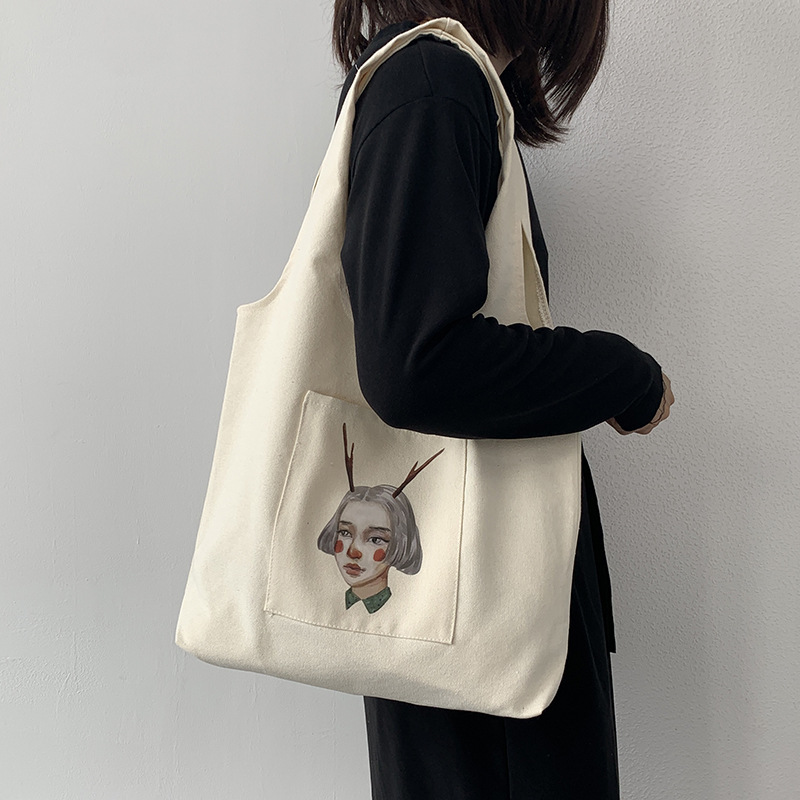 Nuevo diseño de ilustración de estilo japonés, bolso de hombro de mano ins de estilo perezoso, bolso de compras literario, bolso de lona, ​​bolso escolar para mujer