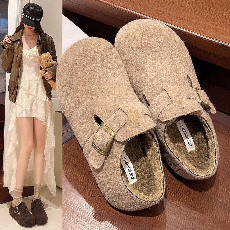加绒外穿毛毛鞋女新款休闲厚底棉鞋包头拖鞋勃肯2025秋冬时尚保暖