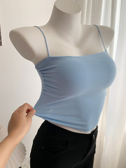 2023新款打底小吊帶背心帶胸墊女內搭平口抹胸皺褶短款修身上衣