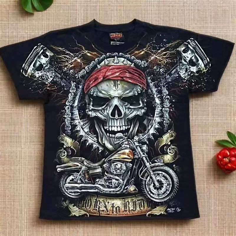 Hip-Hop Men's Clothing New Style Printed Short-Sleeved Men's Motorcycle Style 3D Skull T-Shirt Men's Summer Trendy 3D Printed T-Shirt