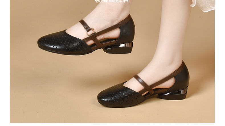 Sandal nữ da thật mũi tròn gót vuông đế mềm khoét lỗ hè — Màu đen chi tiết 2