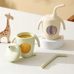 跨境儿童吸管杯硅胶果汁杯带手柄宝宝学饮杯子创意卡通企鹅鸭嘴杯