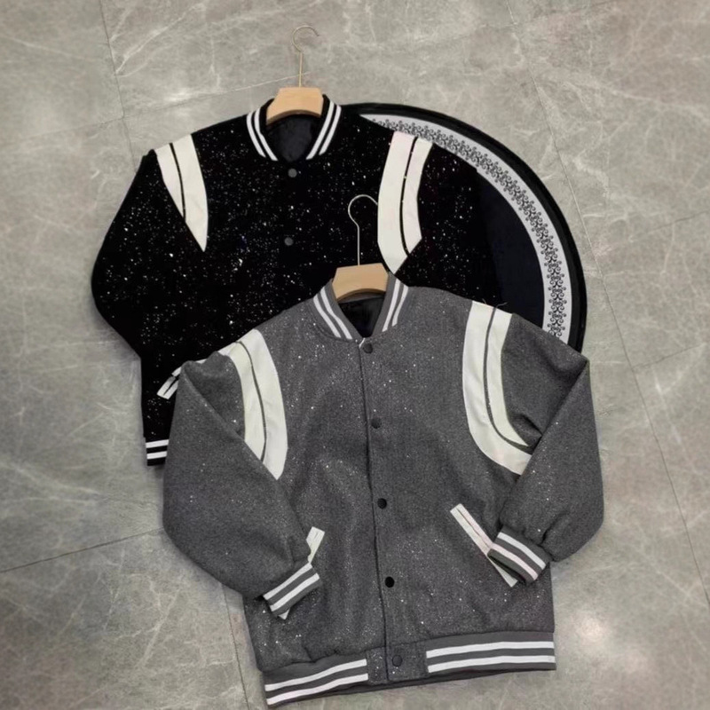 Spring and Autumn New Design Retro Patchwork Baseball Uniform Jacket with Diamonds Gypsophila Baseball Uniform Sparkling Jacket for Men and Women