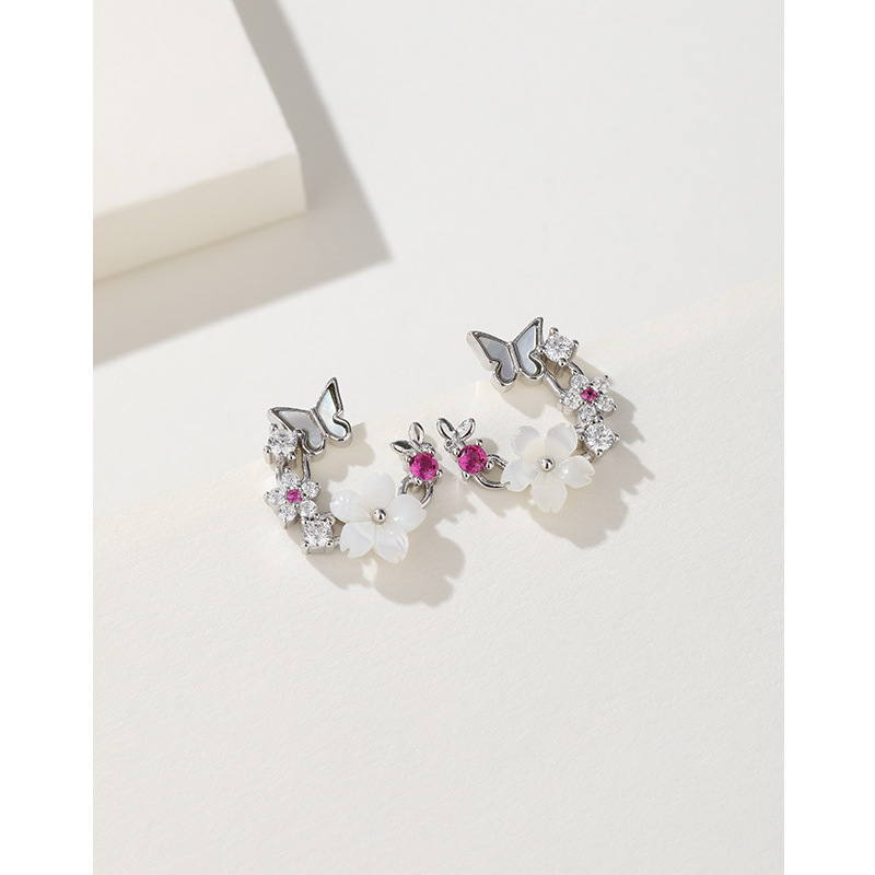 925 aretes de flores de plata esterlina para mujeres lujosos nicho de diseño de zircon concha mariposa pernos de aretes de alta calidad