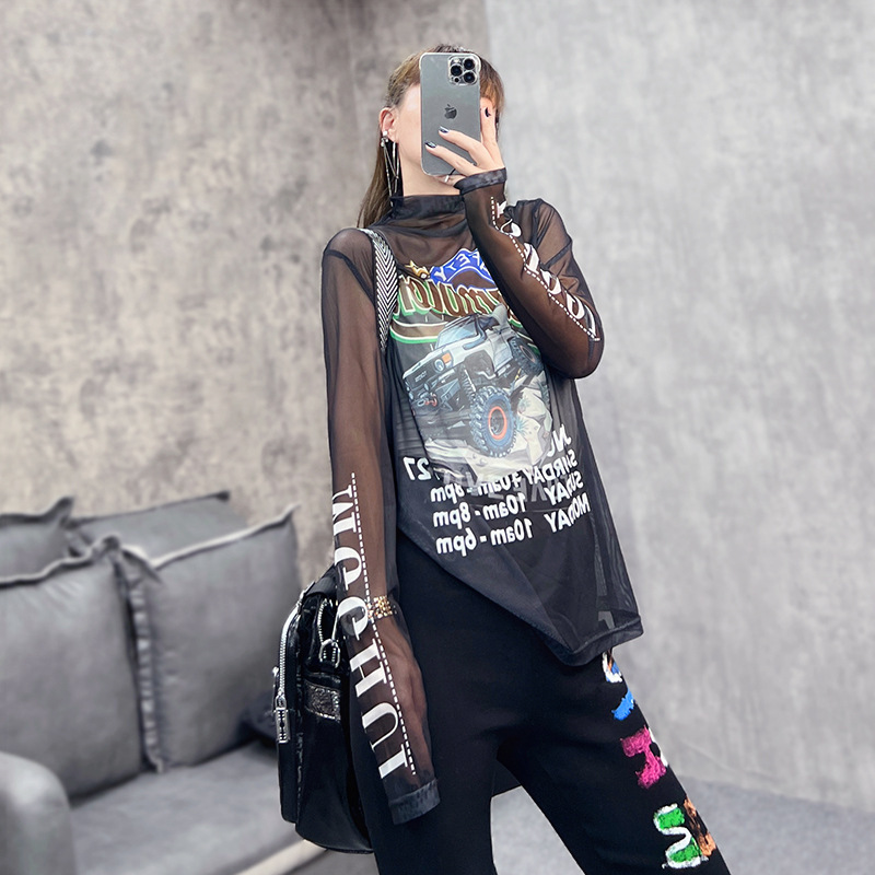 European Goods 2025 Mesh Half Turtleneck T-Shirt Bottoming Shirt New Fashion Top T-Shirt Off-Road Vehicle Letter Long Sleeves