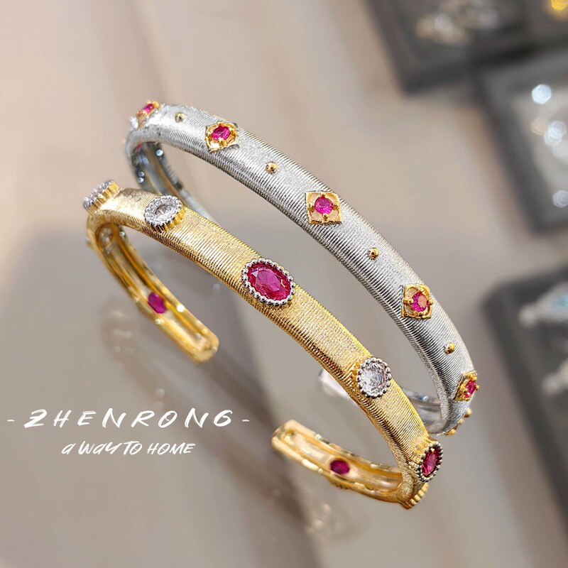 Italian Buchi drawing craft woven carved gold red corundum bracelet diamond two-color gold ring narrow version bracelet for women