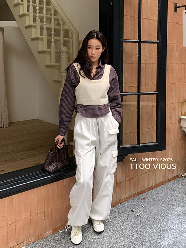 TTOO VOUIS休闲知性文艺风毛织外传背心细格纹长袖衬衫两件套女|undefined