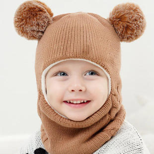Temu Hot Selling Winter Children's Hat Scarf One-piece fleece-lined Ear Protection Pullover Cap Baby Knitted Children's One-piece Cap