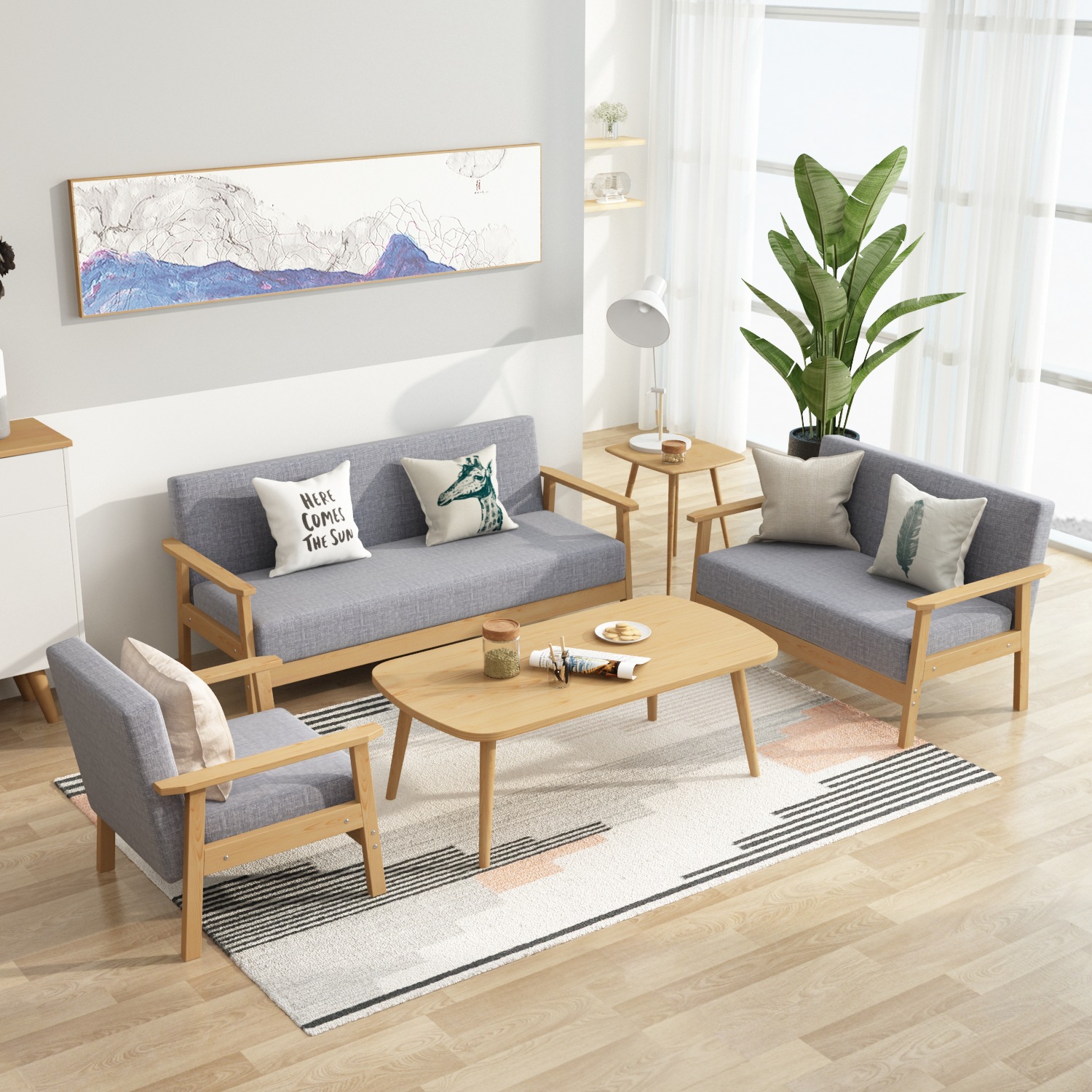 Solid Wood Sofa Coffee Table Combination suit Small Apartment Living Room Modern Simple Fabric Three-Person Office Chair Rental Room
