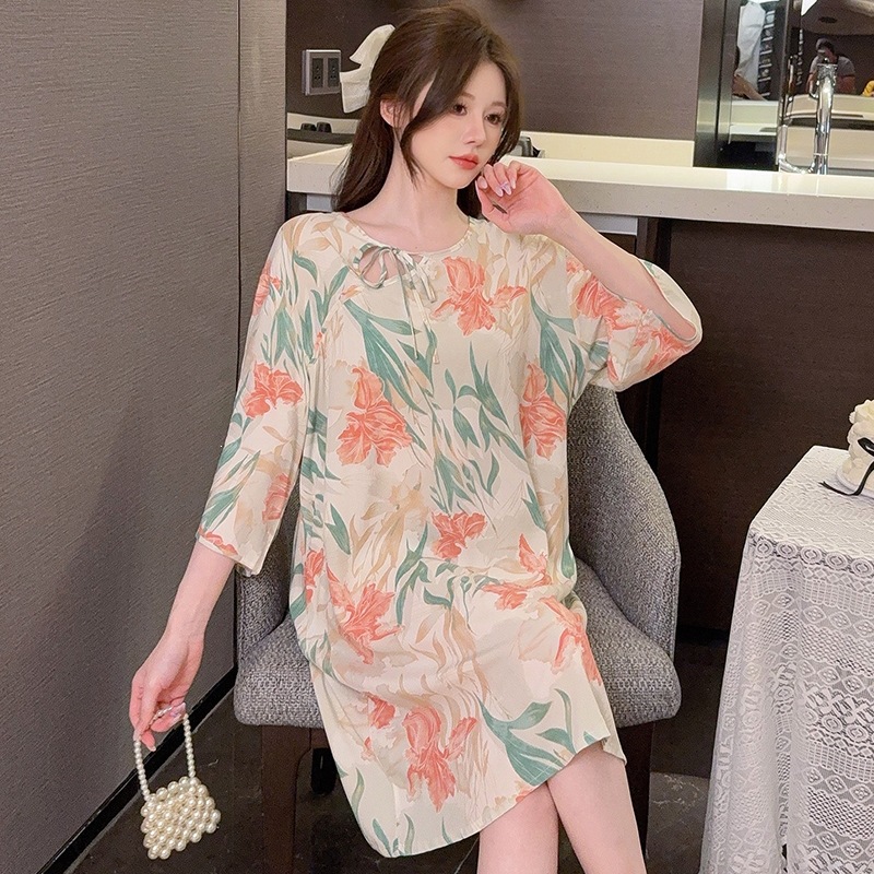 Women's cotton silk nightgown, large size, loose fit, can be worn outside, new Chinese style, summer comfortable, breathable, skin-friendly, soft, fashionable, and airy