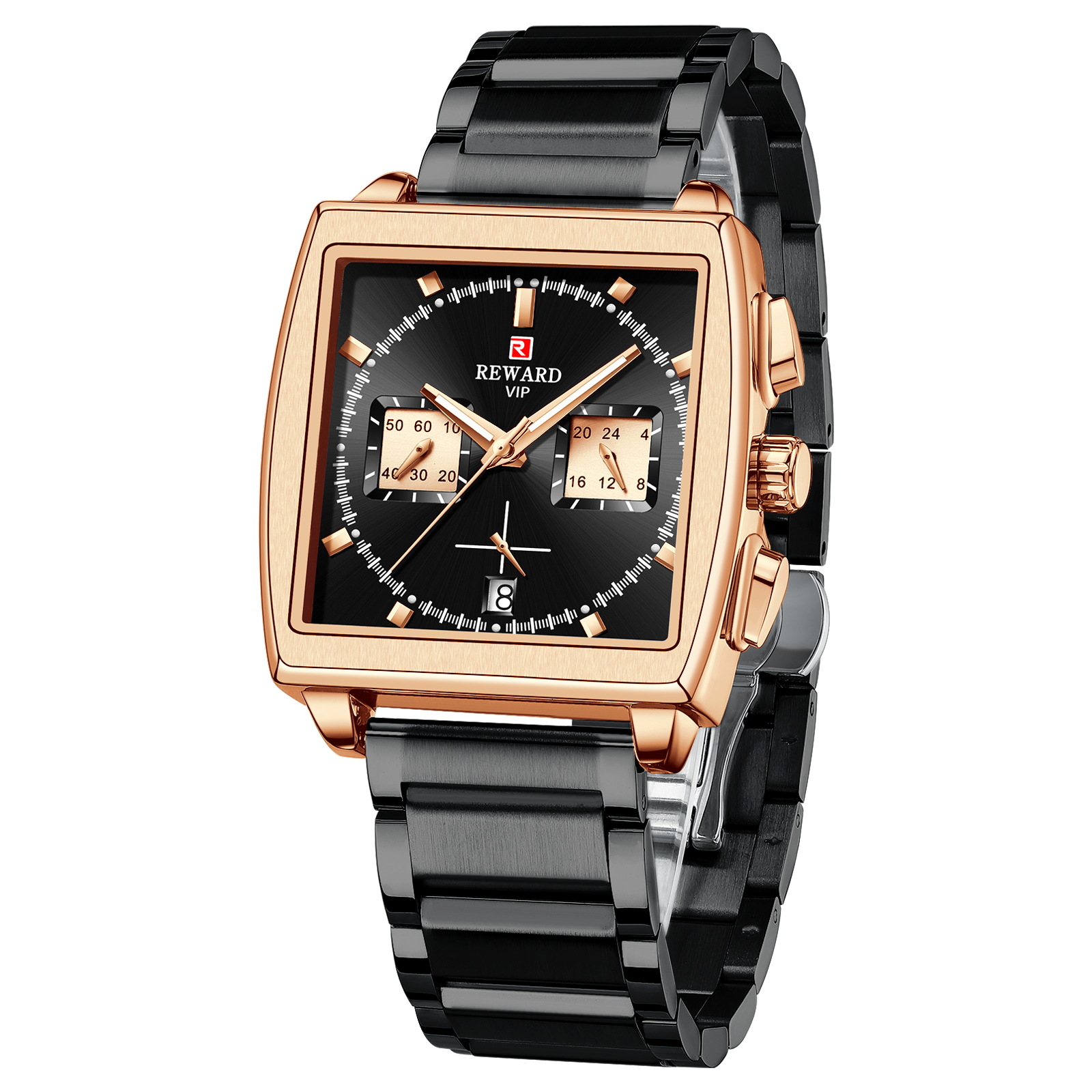 Nouvelle montre Reward Square Montre d'affaires pour hommes Calendrier de synchronisation 24 heures Multifonctionnel Étanche Montre pour hommes Bracelet en acier inoxydable_voghion.com