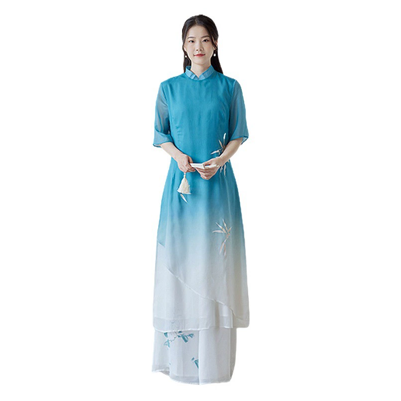 Женское платье-ципао в стиле ретро, улучшенная модель, весна-лето 2024, для занятий чайной культурой, танцев, из шифона, с коротким рукавом