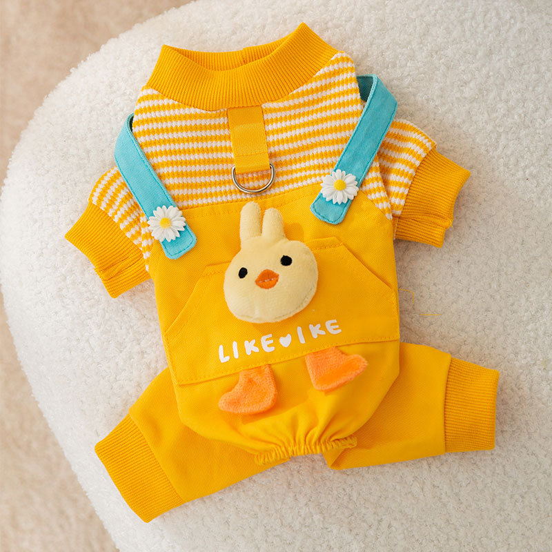 Otoño e invierno perro tridimensional pollo tracción tirantes pantalones gato mascota de cuatro patas cálido forrado de lana ropa de perro de peluche