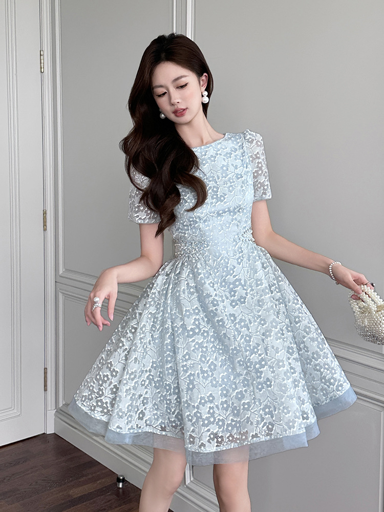 Váy ren chữ A cổ tròn tay phồng eo thon gọn phong cách Pháp — Màu xanh lam