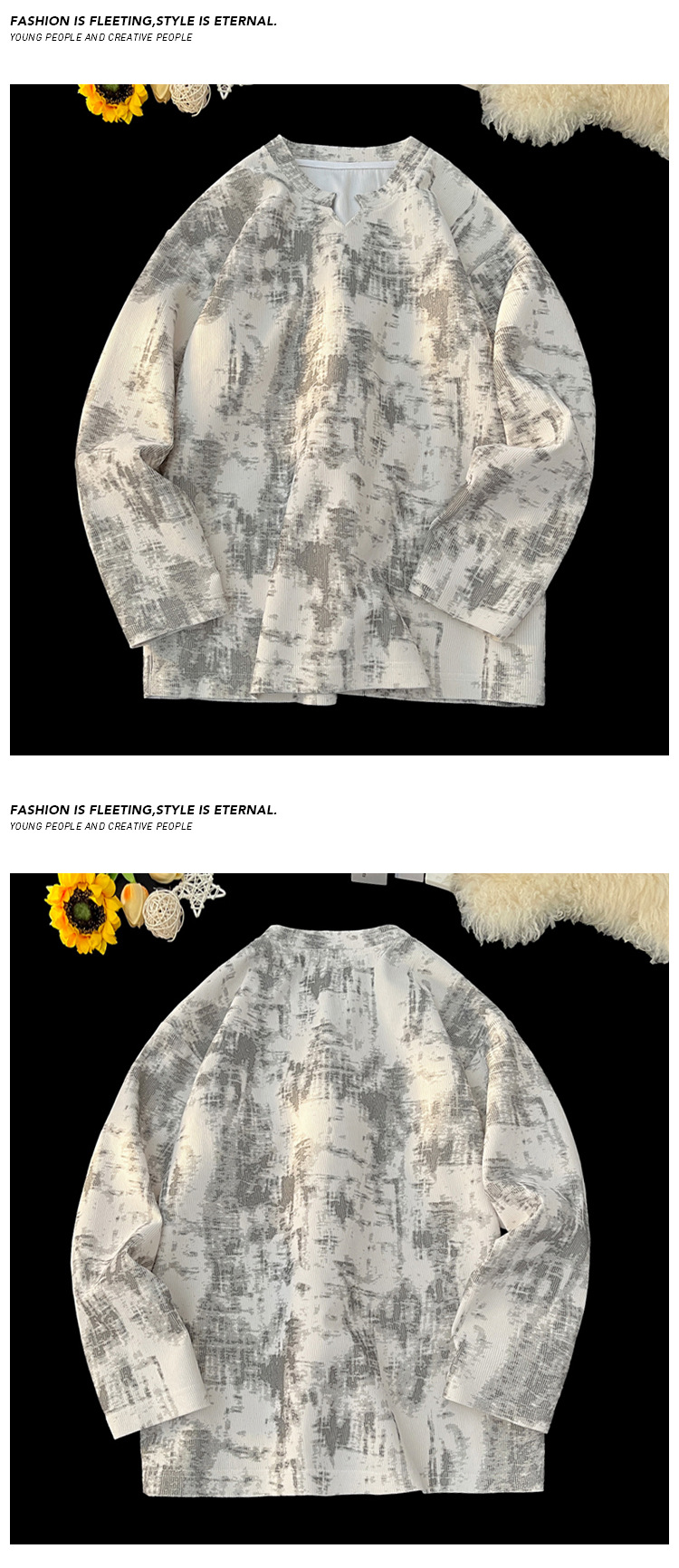 Corduroy Tie-dye V-neck Long-sleeve T-shirt For Men American Retro_voghion.com