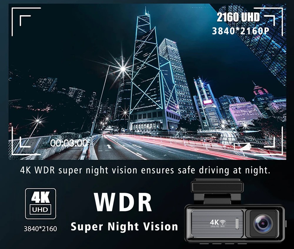 Cross-Border Hot-Selling 4K Dash Cam with Dual Front and Rear Recording, 3.2inch Wifi Mobile Phone Connectivity, and Gps Car Recorder
