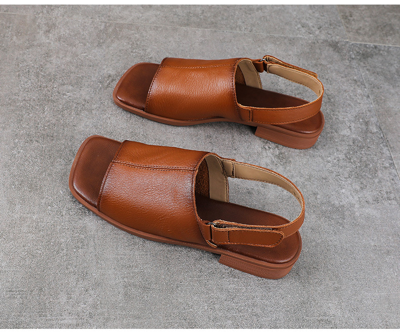 Sandal nữ da bò thật hở mũi phong cách cổ điển quai chữ V đế bệt mềm — màu nâu chi tiết 14