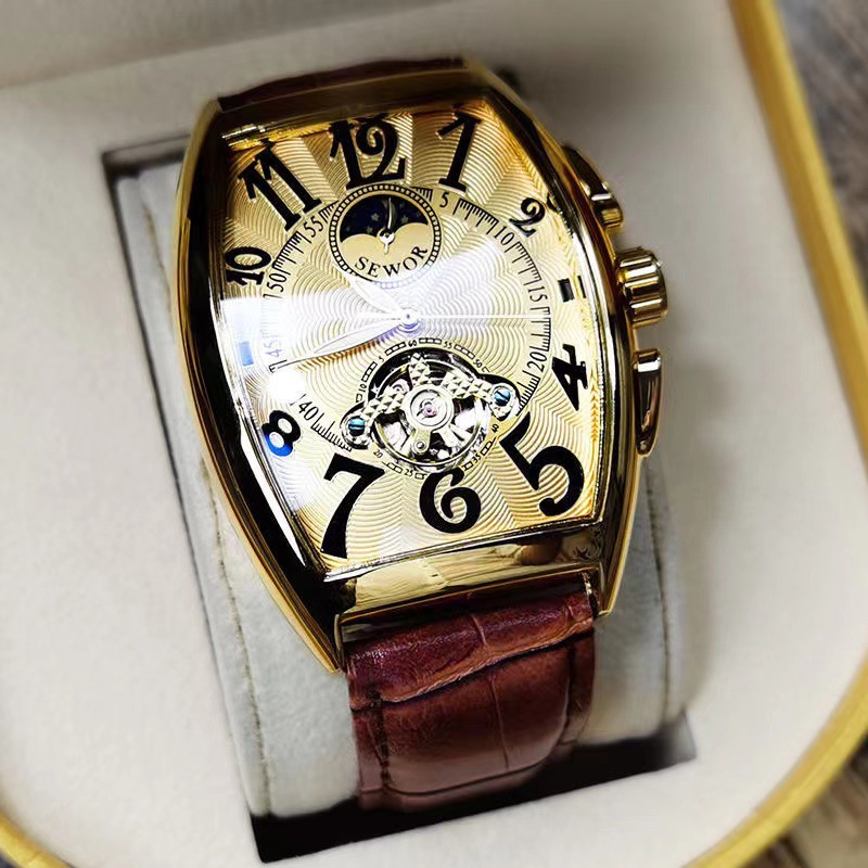 SEWOR reloj mecánico automático para hombre tipo barril cinturón inferior transparente hueco reloj para hombre reloj de personalidad de Vidrio Curvo