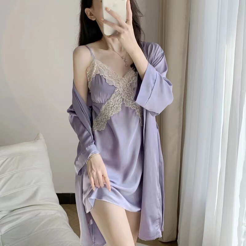 Pajamas for Women Spring and Summer Ice Silk Long-Sleeved Suspender Nightgown Pajamas Set Autumn and Winter Lace Temptation Home Wear Fairy Style Pajamas for Women Spring and Summer Ice Silk Long-Sleeved Suspender Nightgown Pajamas Set Autumn and Winter Lace Temptation Home Wear Fairy Style