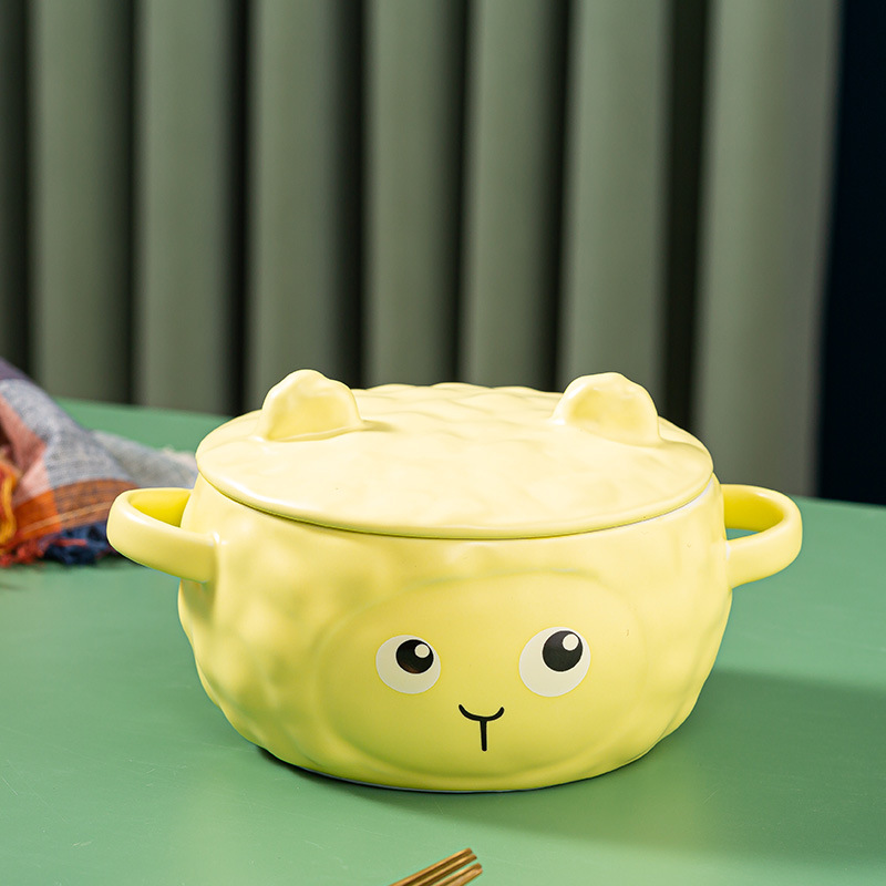 Tazón de cerámica con diseño de oveja y orejas - Con tapa - Para fideos y sopa - Tamaño grande ideal para estudiantes
