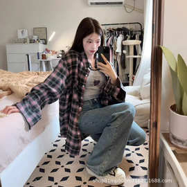 黑粉色格子衬衫女 2025 秋季新款防晒衬衣外套韩系设计感小众上衣