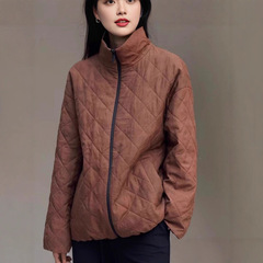小禾女装2025秋季新款时尚休闲菱形格纹两面穿立领宽松棉衣外套