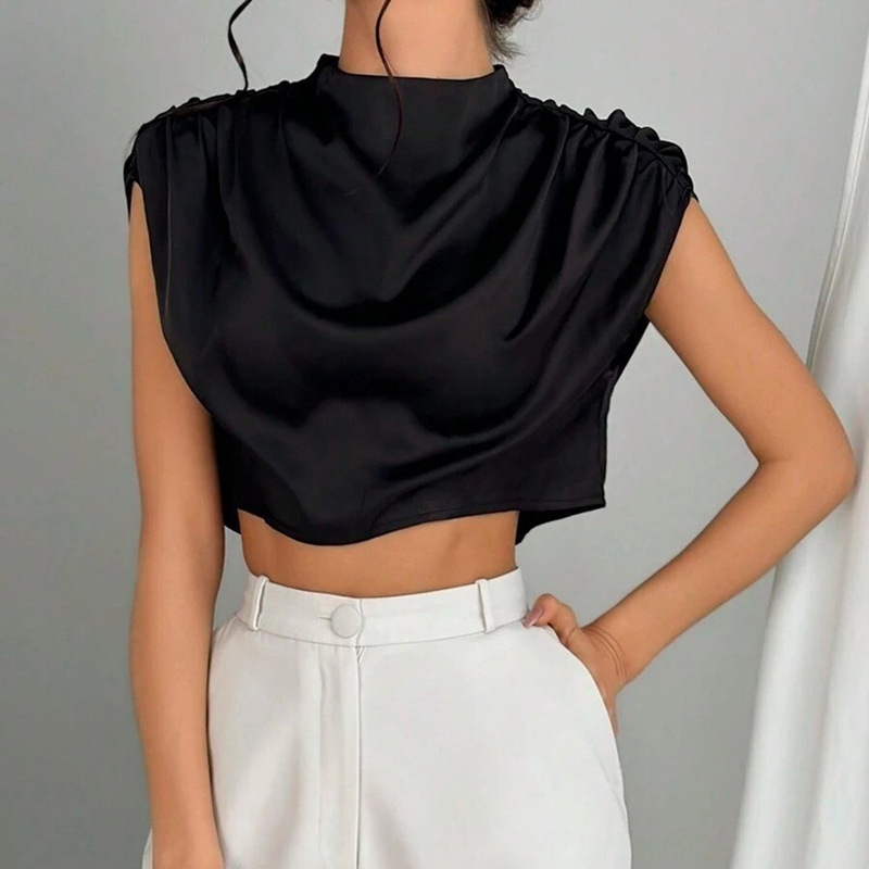 European and American Women's Fashion Spring-Summer Pleated Satin Shirt, Popular Cross-Border Item on Independent Platforms, Short Satin Imitation Silk Blouse