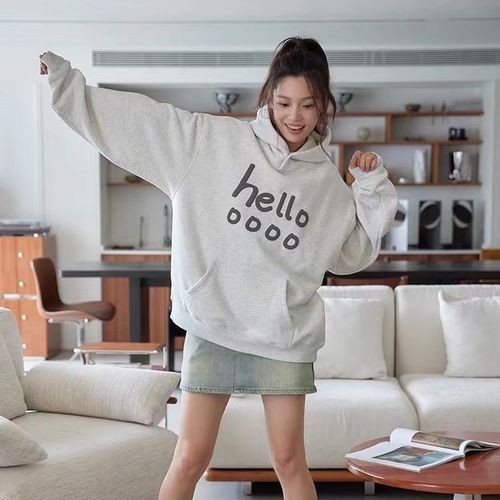 Women's Loose Hooded Print Sweatshirt Spring and Autumn Outerwear Korean Casual Style Advanced Sensation Top