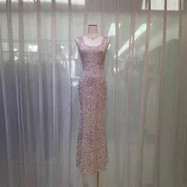 2025精致成熟风泰国party长款亚马逊高级珠片弹力修身连衣裙开衩