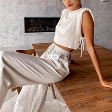 2025欧美时尚棉麻套装女装夏季垫肩无袖上衣长裤两件套欧美休闲女