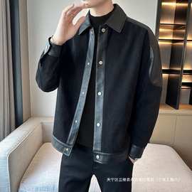 跨境秋季软PU拼接夹克男翻领宽松短款潮流韩版百搭男款时尚上衣外