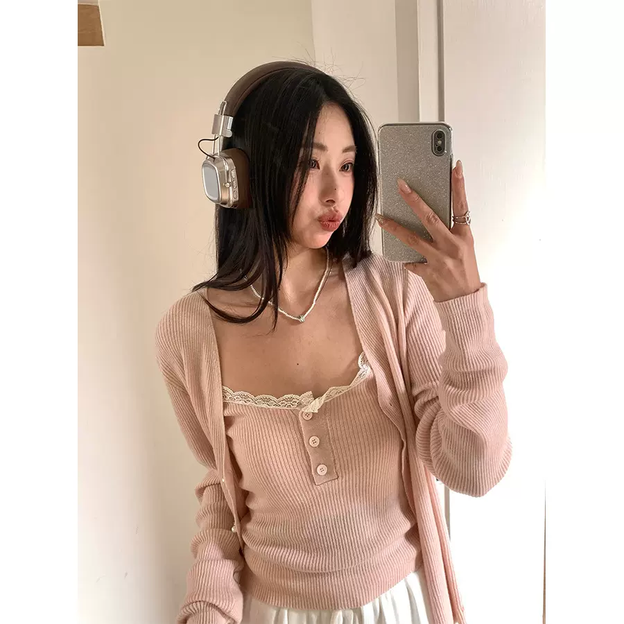 黄峥甜美风花边小吊带针织衫套装女2025春韩简约两件套H1KA510076