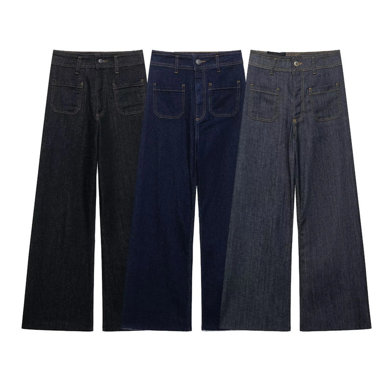 Spring and Autumn New Navy Tuyere Pocket Trim Straight Leg High Waist Jeans Women's Wide Leg Pants