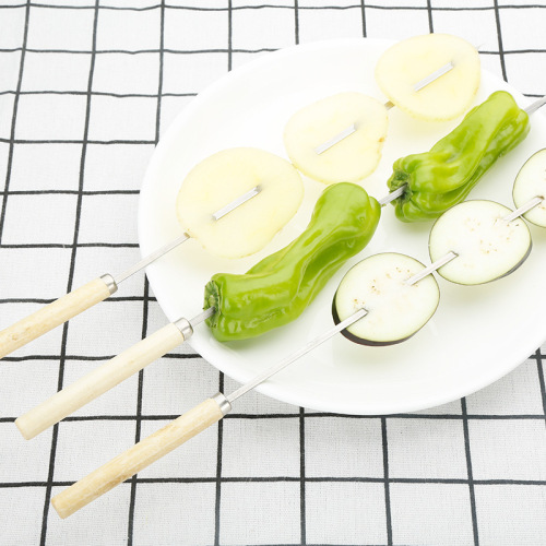 Wooden handle flat needle stainless steel barbecue skewer flat skewer outdoor lamb kebab barbecue skewer steel skewer round skewer barbecue needle iron skewer