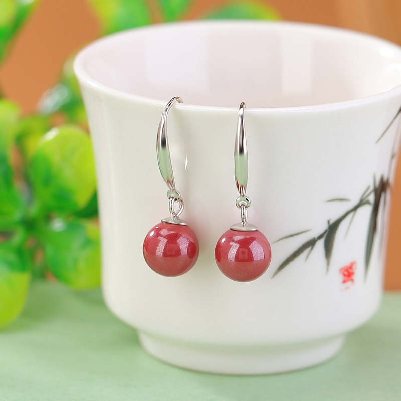 Bông tai bạc S925 móc hoa tai đính đá ngọc bích Hetian hạt tròn đơn giản — Kiểu nước nắng