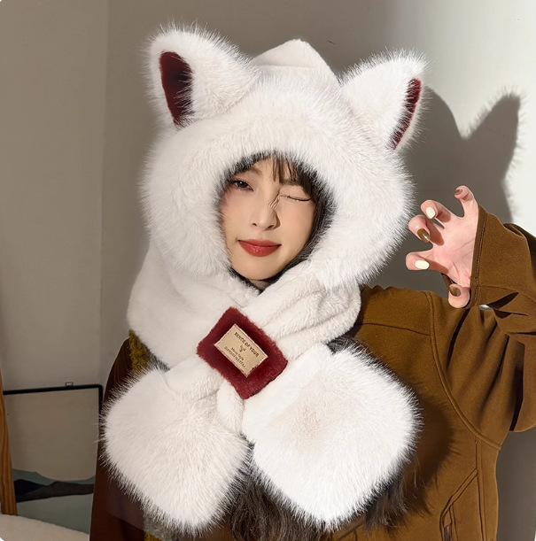 韩版毛绒可爱狐狸耳帽子围巾一体女秋冬季脖骑车保暖两件套连帽围|undefined