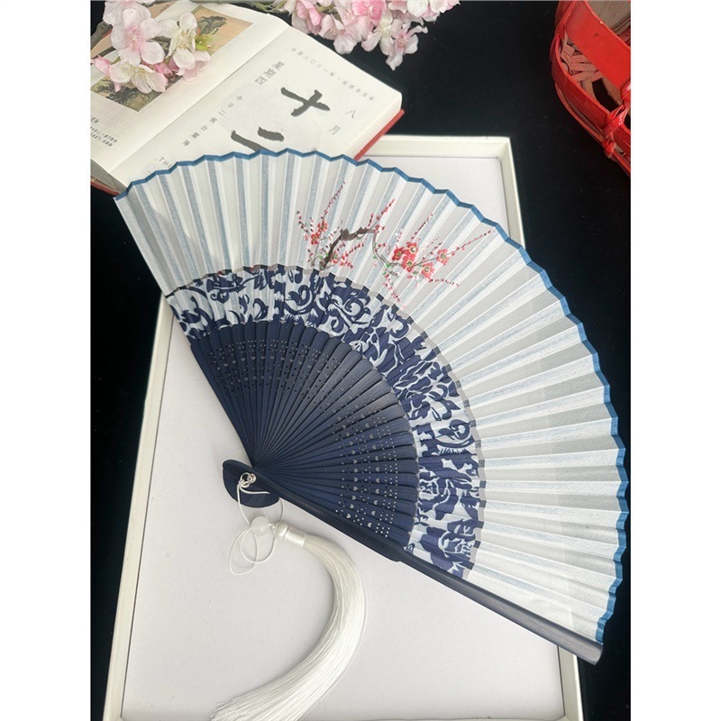 中国風の二重節扇子折りたたみ布張りレトロスタイルチャイナドレス漢服小型扇子ポータブル夏の女性のダンス扇子|undefined