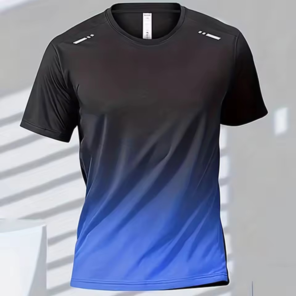 Trend gradiente 3D impresión digital para hombres deportes de verano malla suelta transpirable manga corta cuello redondo camiseta