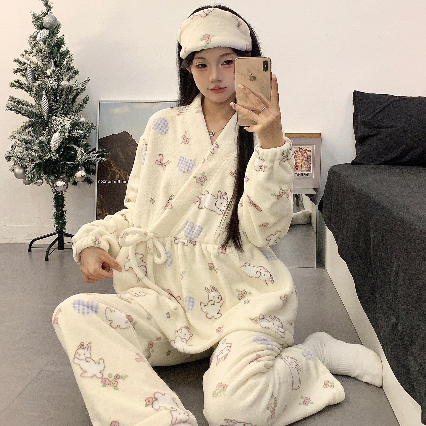 2025년 기모노 스타일 산후복 겨울용 수유복 대형 임산부 잠옷 산호벨벳 보온 수유복 홈웨어12