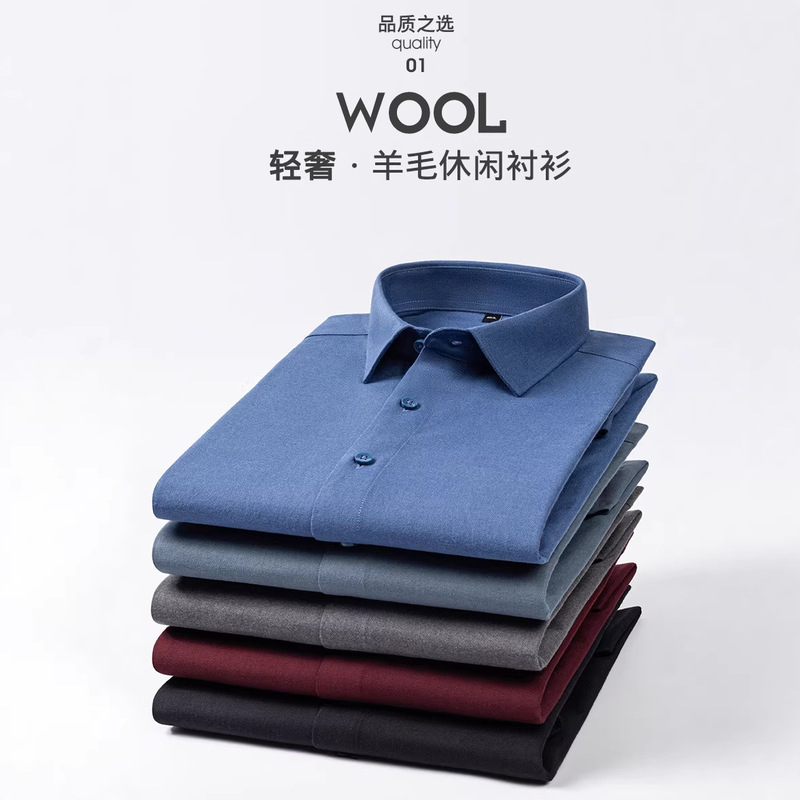 2026 Carefully Selected Solid Color Wool Shirts for Men, Long-Sleeved Business Casual Shirts, Anti-Wrinkle High-End Shirts, New Models for Middle-Aged People